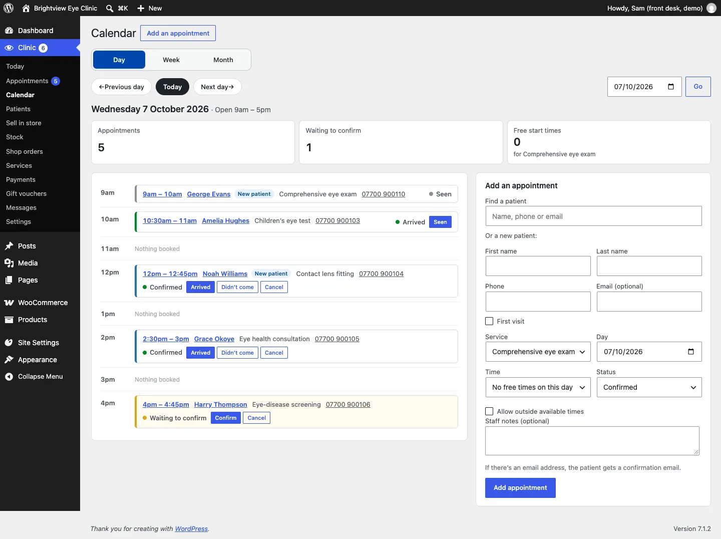 The Day view for Wednesday 7 October, showing each hour from 9am, the appointments with their statuses and Seen, Arrived, Didn't come, Confirm and Cancel buttons, counts of appointments, requests waiting and free start times, and the Add an appointment panel