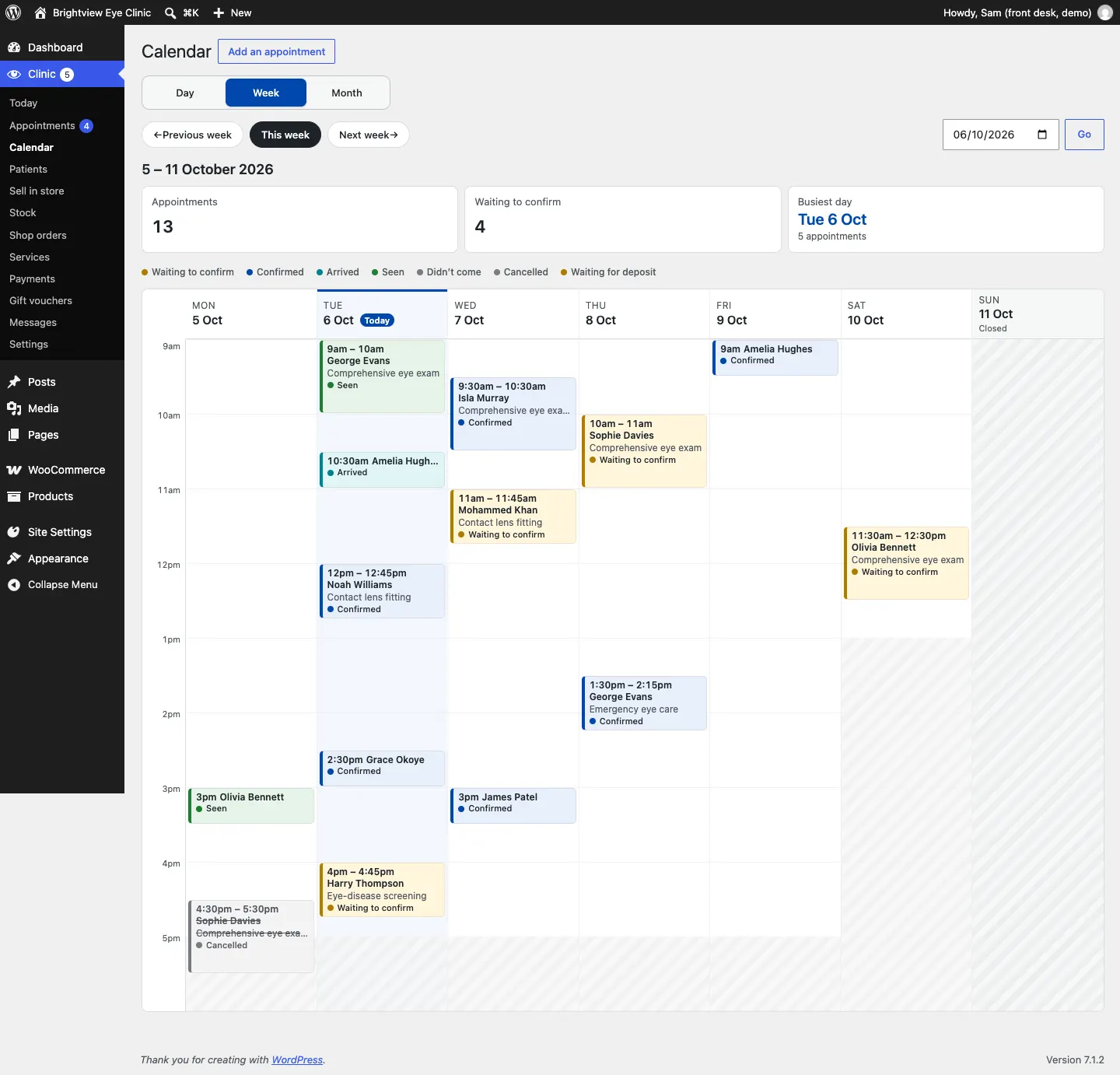 The Week view for 5 to 11 October, with appointments as coloured blocks by day and time, a key from Waiting to confirm to Waiting for deposit, and Sunday shaded as Closed
