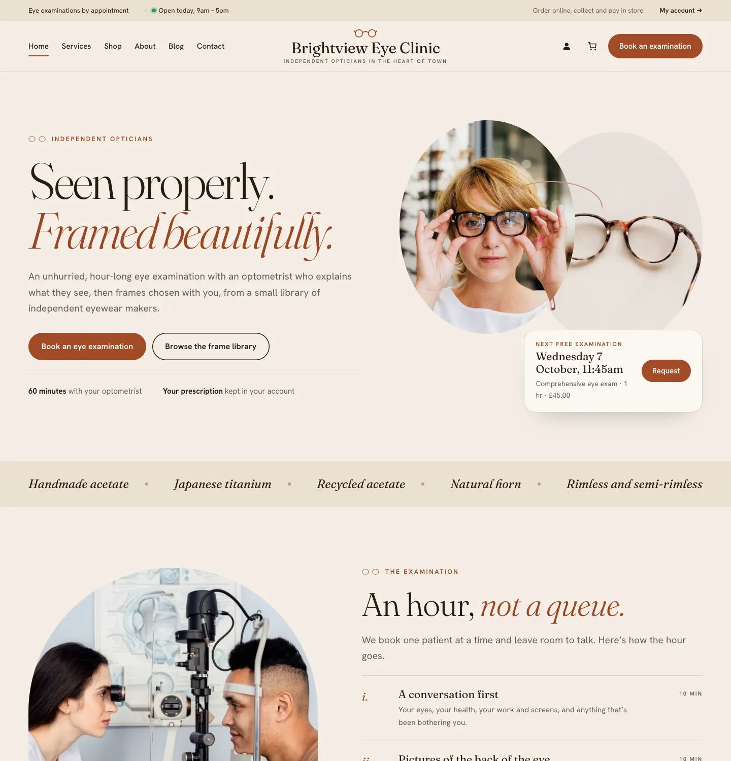 The home page in the Atelier design: cream background, the headline "Seen properly. Framed beautifully." in a serif font, two oval photos and a card showing the next free examination with a Request button