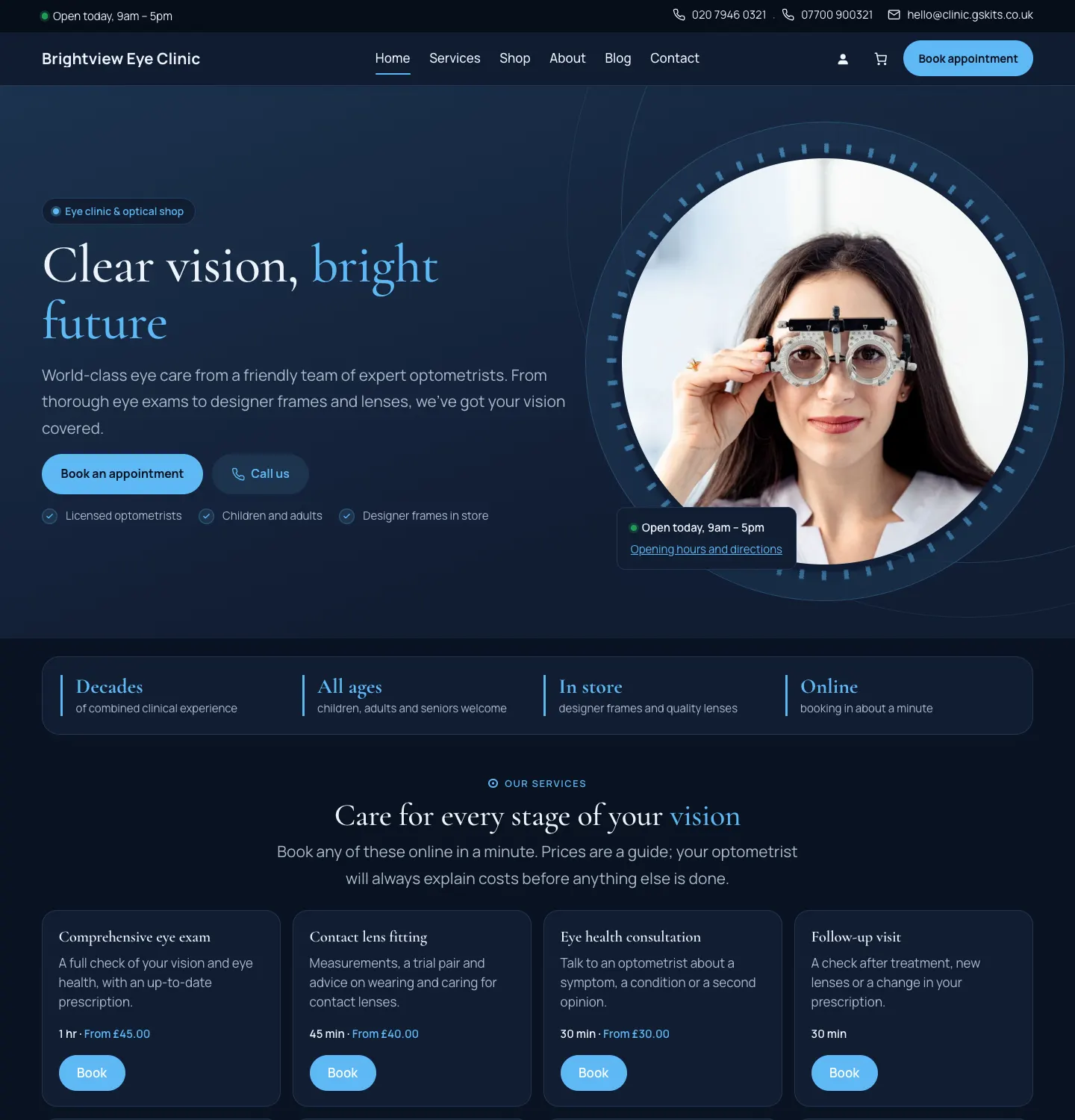 The home page in the Boutique (dark) design: a dark navy page with light serif headings, a pale blue Book an appointment button and service cards on a dark background