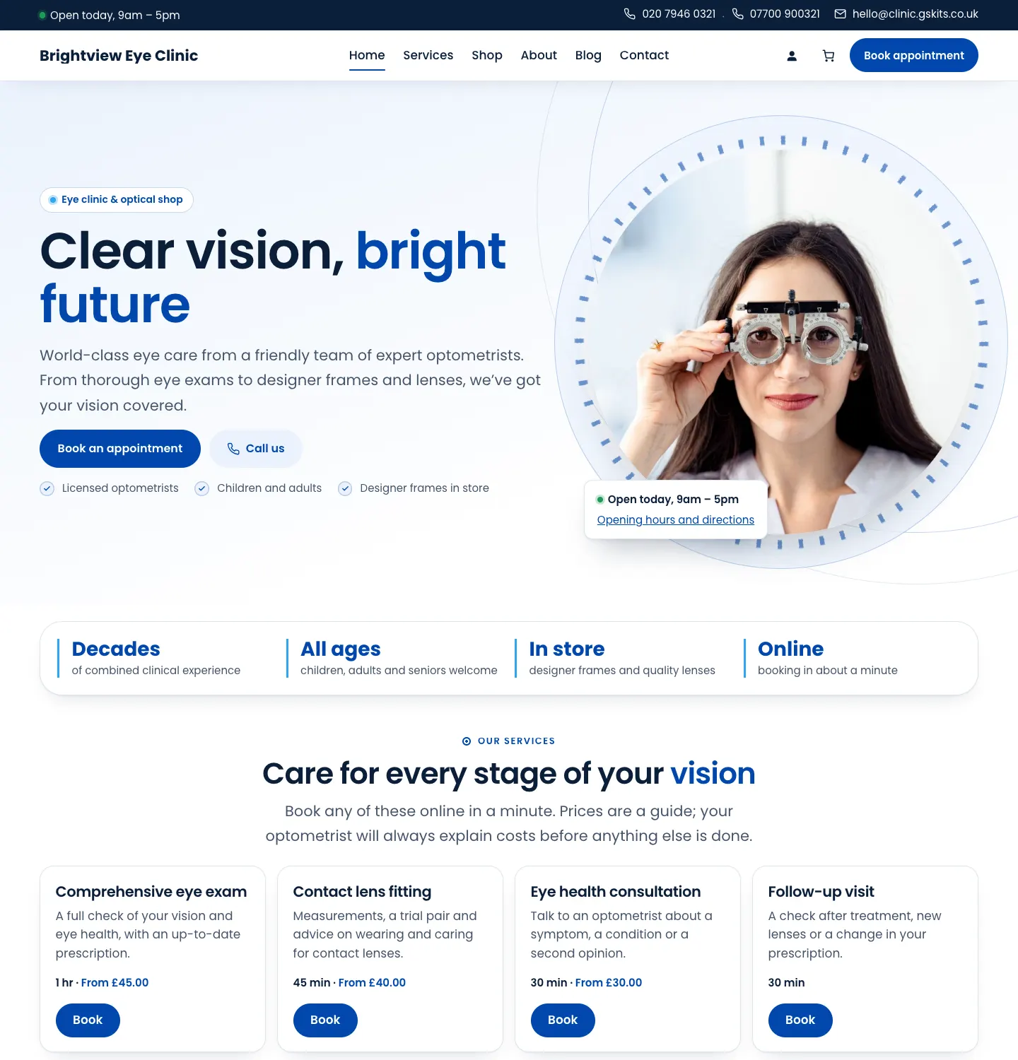 The home page in the Default design: white page, the headline "Clear vision, bright future" in bold blue, a circular photo of a patient in trial frames and four service cards with Book buttons