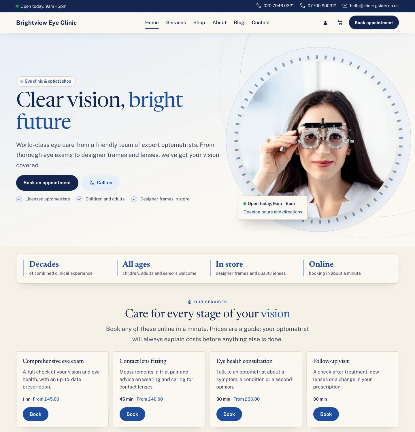 The home page in the Editorial (warm) design: a cream page with a classic serif headline, a dark navy Book an appointment button and service cards with Book buttons