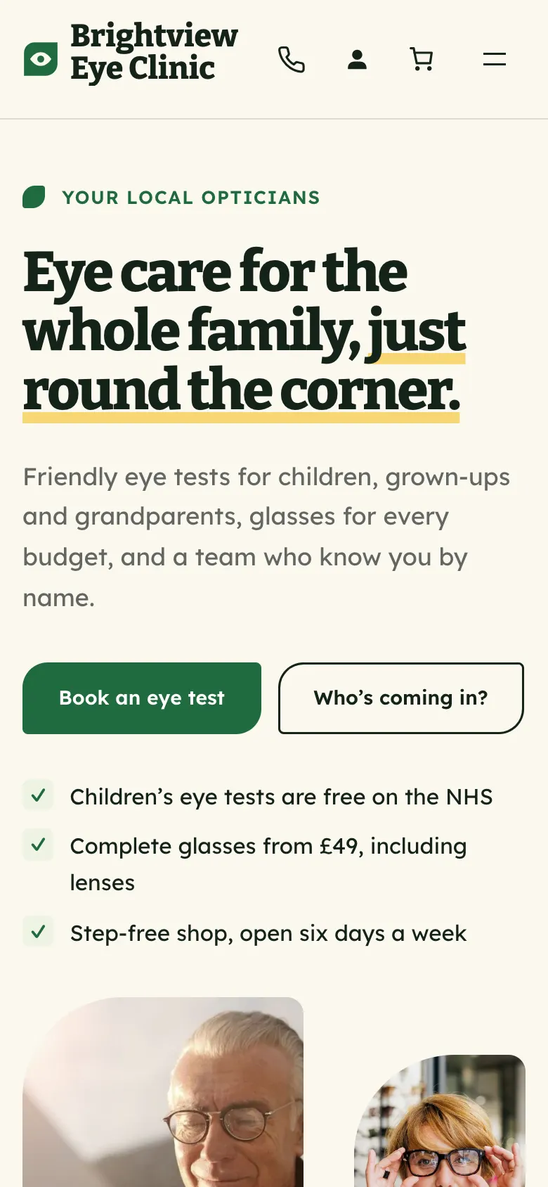 The Hometown home page on a phone, with a bold headline, a green Book an eye test button, a "Who's coming in?" button and three ticked points