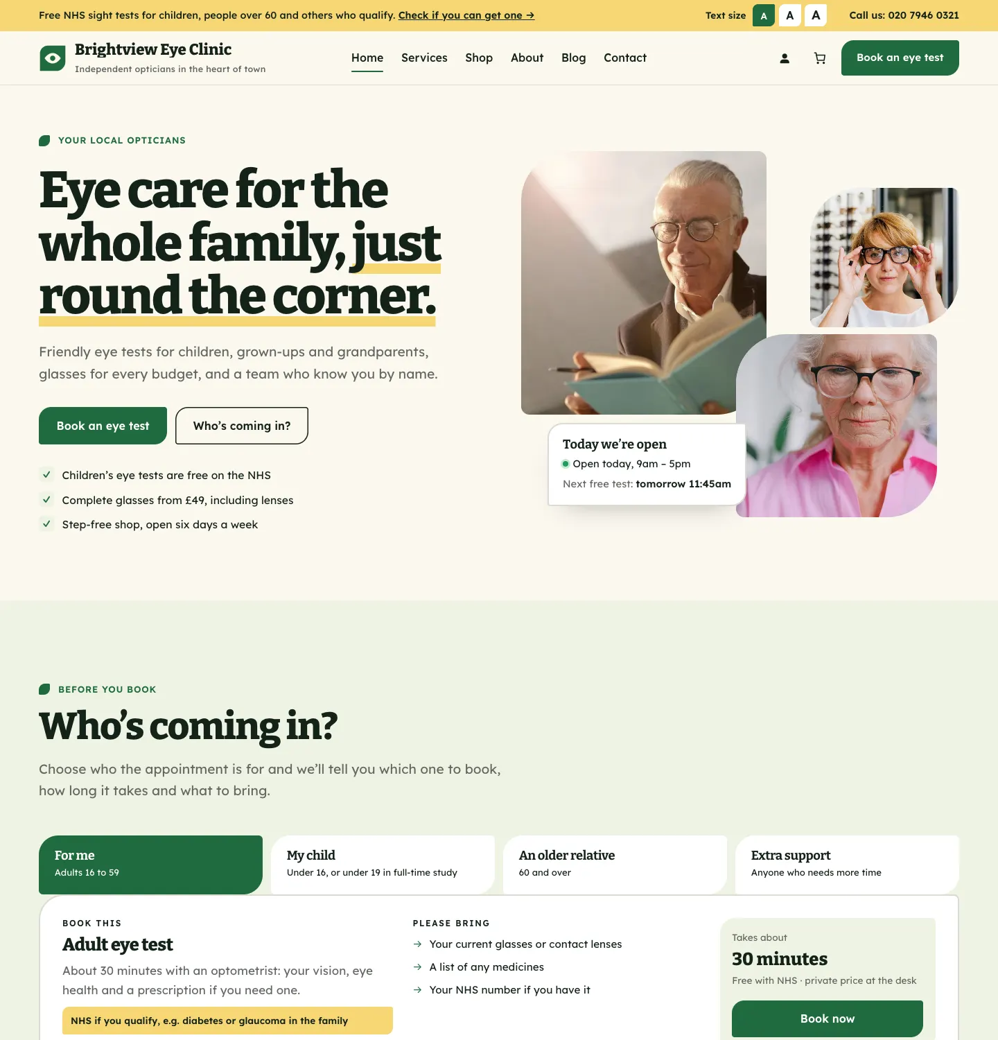 The home page in the Hometown design: a cream page with a bold green headline "Eye care for the whole family, just round the corner", photos with leaf-shaped corners and a Book an eye test button
