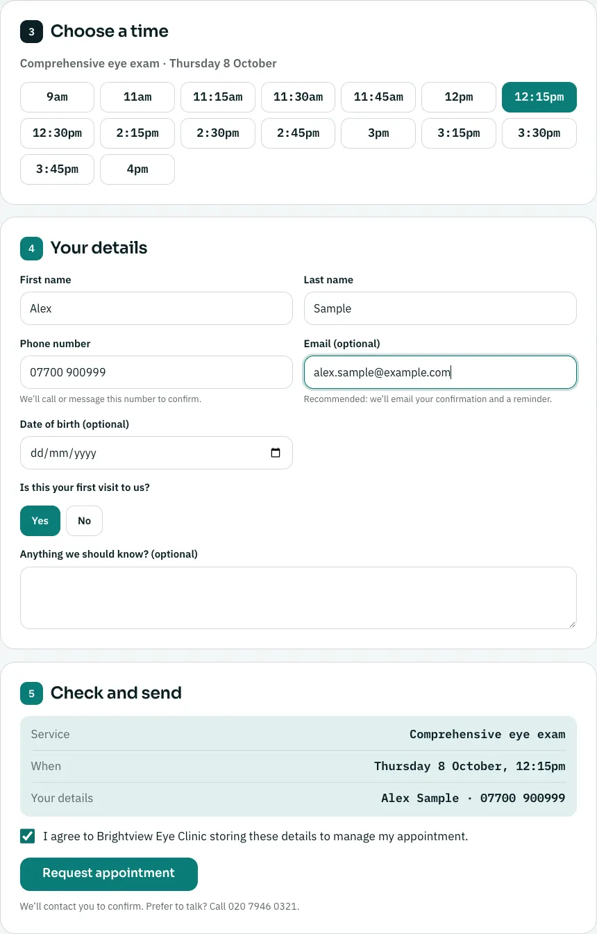 Steps 3 to 5 filled in for a sample patient, Alex Sample: 12:15pm chosen, name, phone and email typed in, first visit Yes, and the Check and send summary with the agreement ticked and the Request appointment button
