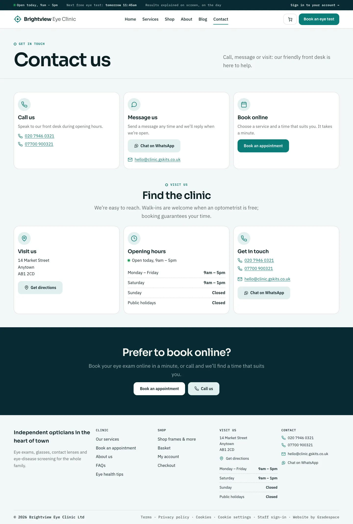 The Contact page with Call us, Message us and Book online cards, the clinic address with a Get directions link and the weekly opening hours