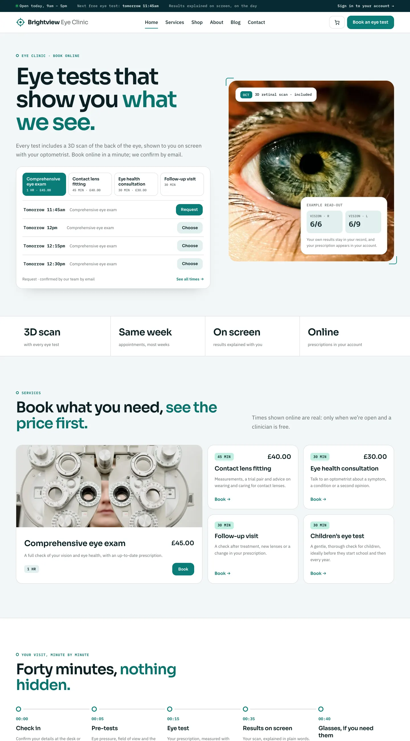 The home page in the Clarity design: a teal and white layout with a large headline, buttons for four services and a list of the next free times, each with a Choose button