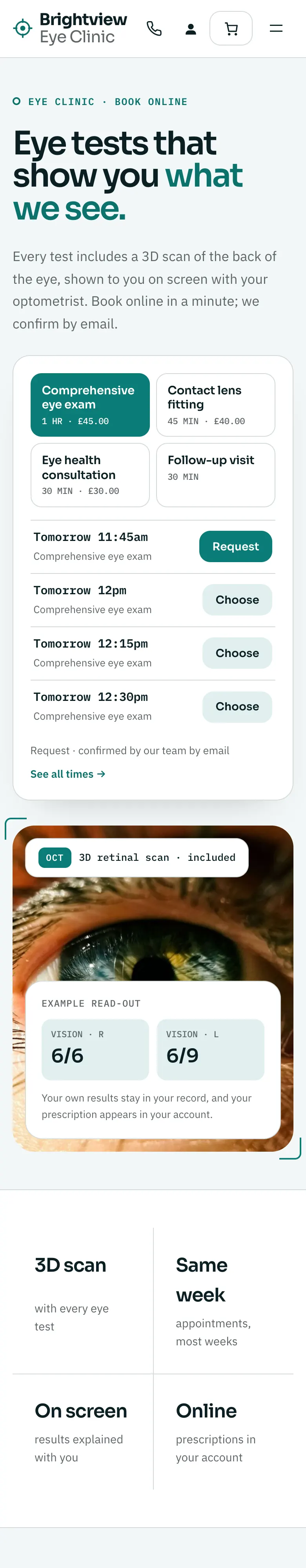 The Clarity home page on a phone, with the clinic name, a menu button, the headline and the service buttons stacked down the screen