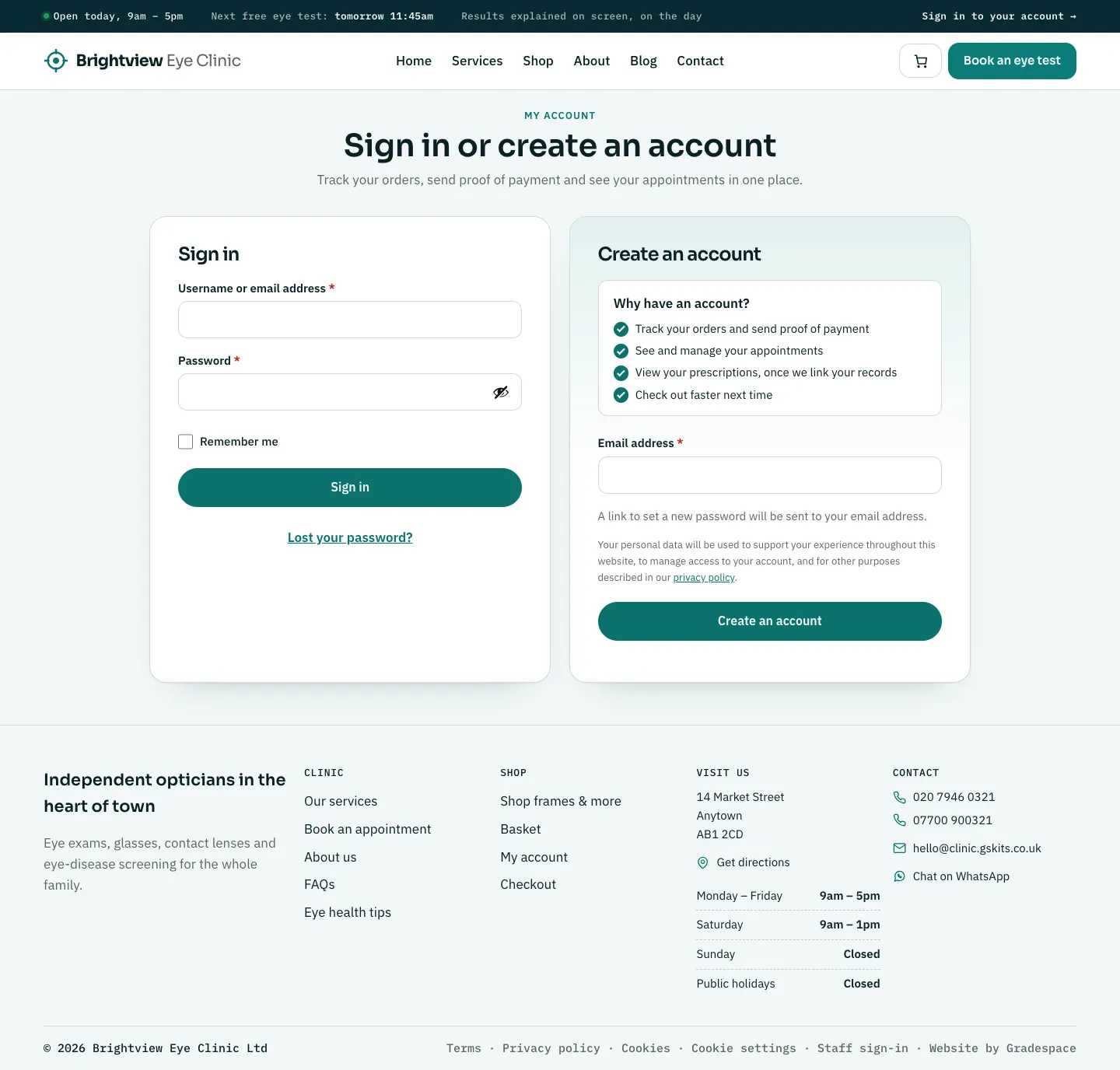 The My account page for a visitor who isn't signed in: a Sign in form with username or email and password, Lost your password?, a Create an account form asking for an email address, and a Why have an account? list