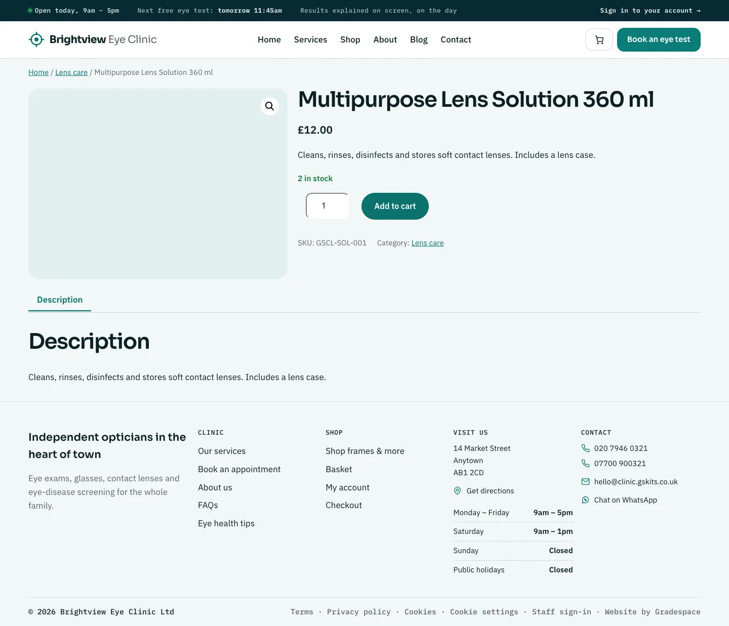 A product page for Multipurpose Lens Solution 360 ml at £12.00, with a photo, quantity box and Add to cart button