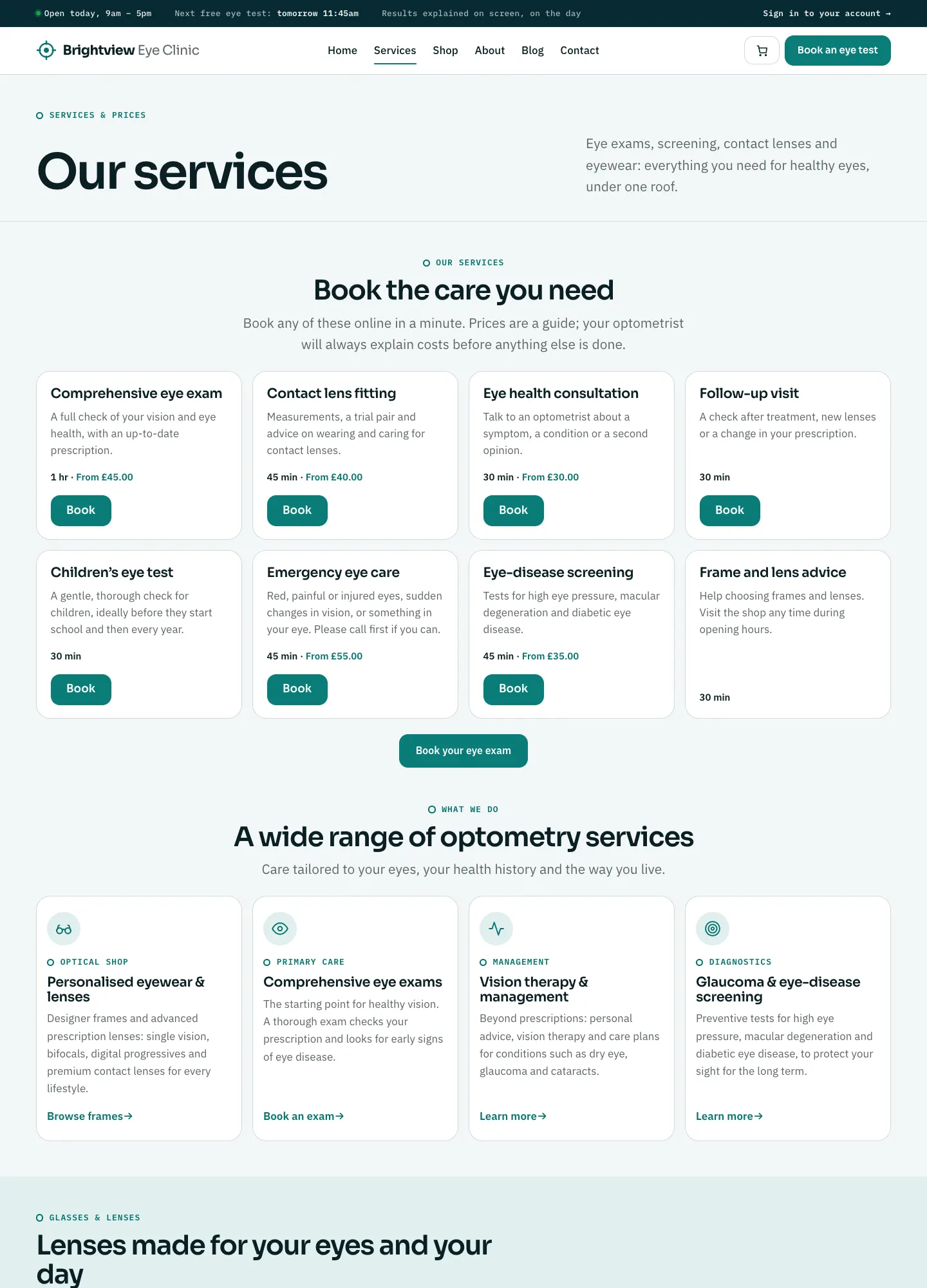 The Services page listing each service as a card with its time, price and a Book button