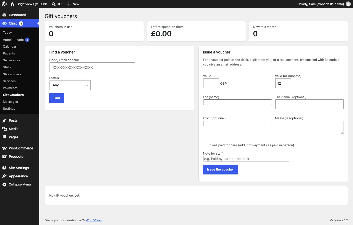 The Gift vouchers screen with counts of vouchers in use, money left to spend and new this month, a Find a voucher search with a Status menu, and the Issue a voucher form with Value, Valid for, For, Their email, From, Message, the paid-for-here tick box and Note for staff