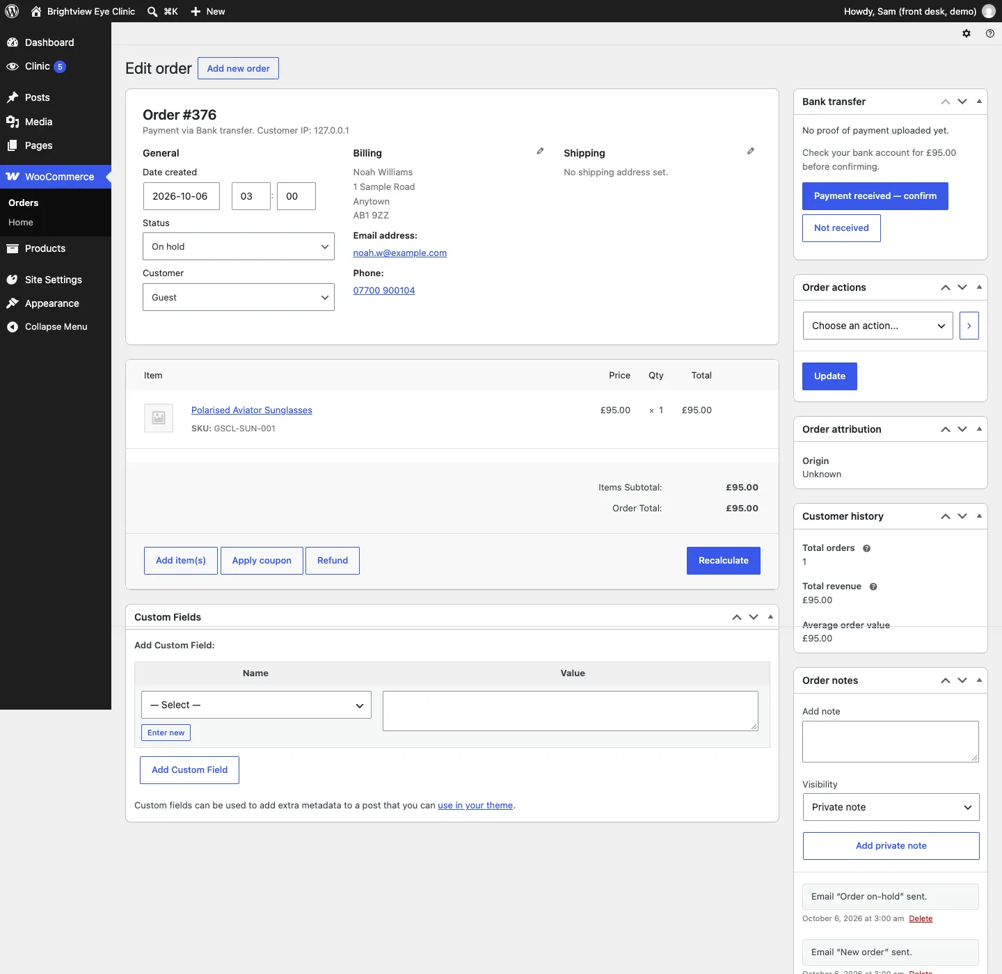 Order #376 opened: the Bank transfer box says No proof of payment uploaded yet and Check your bank account for £95.00 before confirming, with Payment received — confirm and Not received buttons; the order shows the customer's billing details and one pair of Polarised Aviator Sunglasses