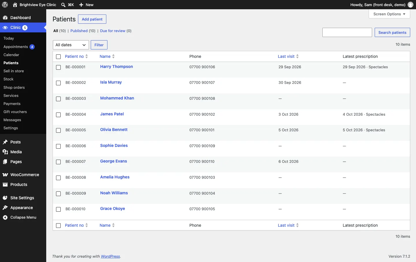 The Patients list with ten sample patients, showing patient number, name, phone, last visit and latest prescription for each, and an Add patient button at the top