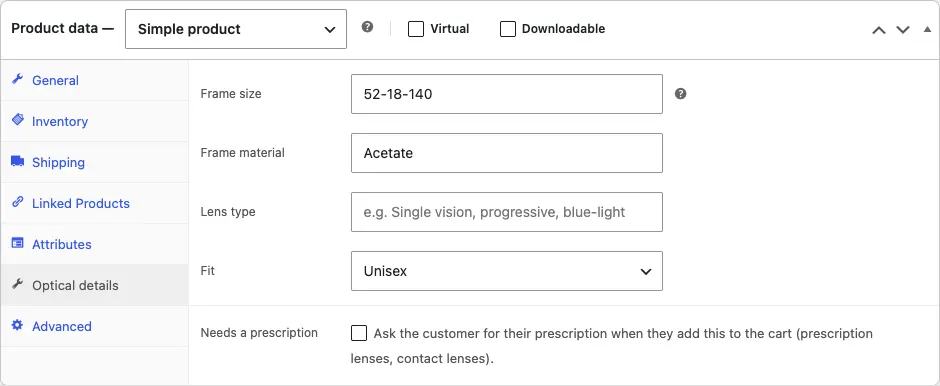 The Optical details tab with Frame size, Frame material, Lens type, Fit and the Needs a prescription tick box