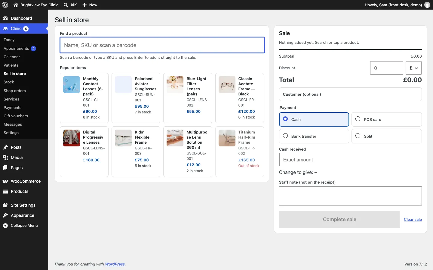 The Sell in store screen: a Find a product search box and Popular items tiles with photos, codes, prices and stock on the left; the Sale panel on the right with Subtotal, Discount, Total, Customer (optional), Payment choices Cash, POS card, Bank transfer and Split, Cash received and Complete sale