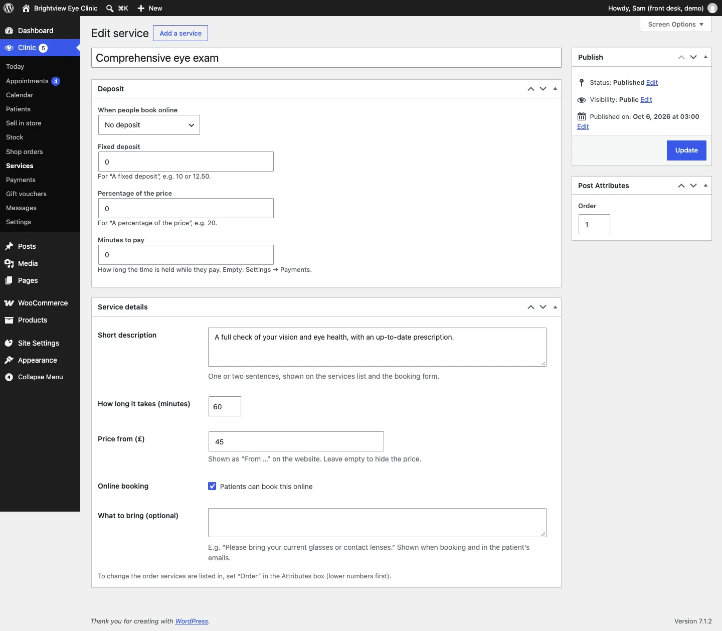 The Edit service screen for Comprehensive eye exam, with the Service details panel (short description, how long it takes, price from, online booking, what to bring), the Deposit panel and the Publish box