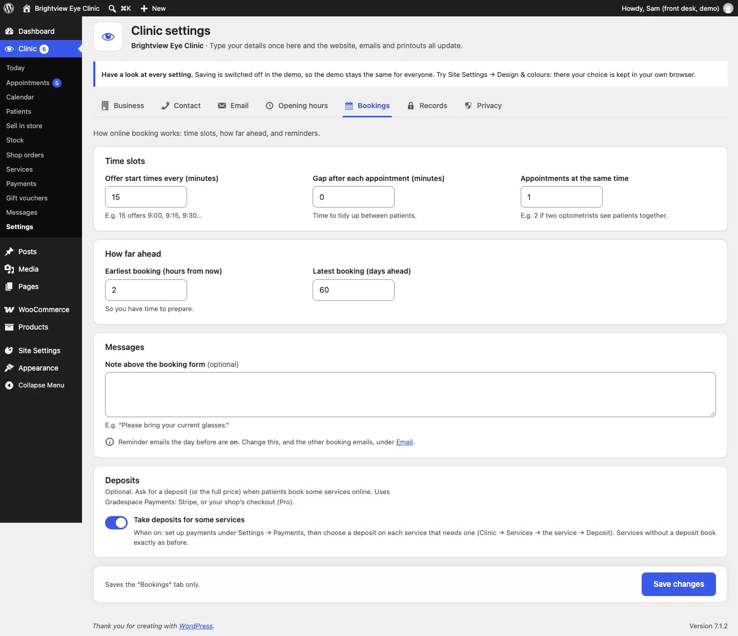 The Bookings tab with Time slots, How far ahead, Messages and Deposits cards