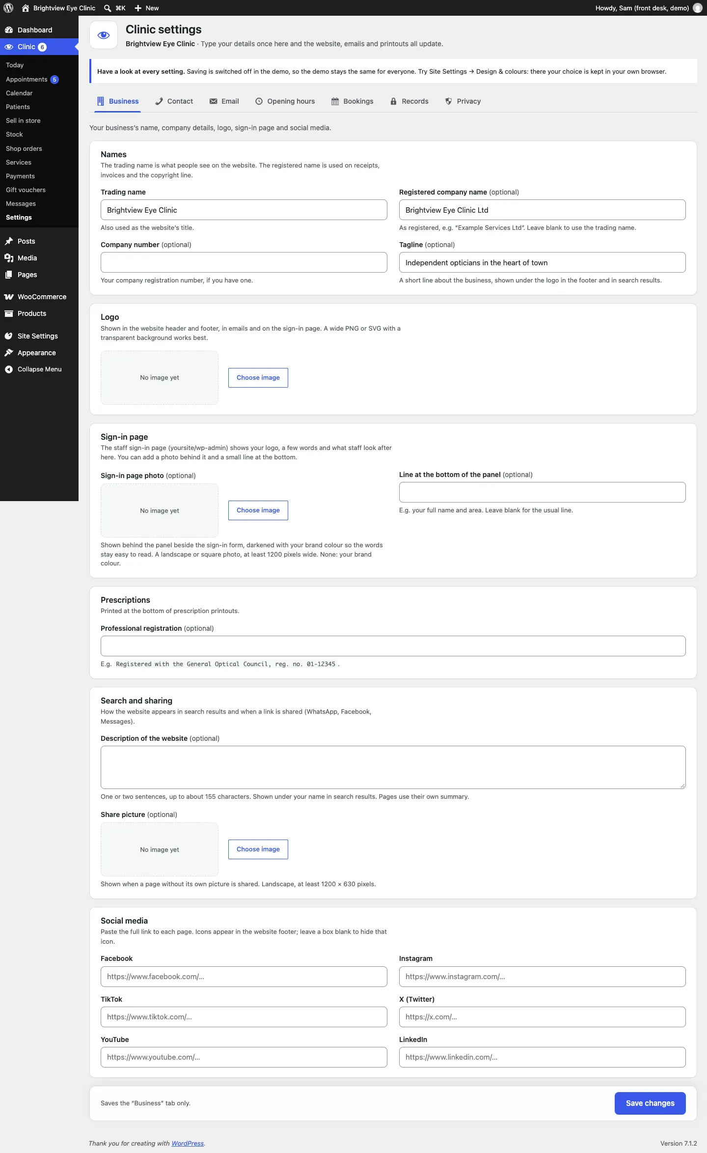 The Business tab of Clinic settings, with Names, Logo, Sign-in page, Prescriptions, Search and sharing, and Social media cards
