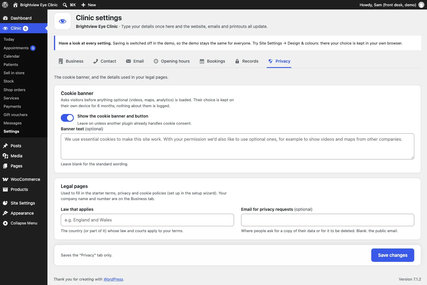 The Privacy tab with the Cookie banner and Legal pages cards