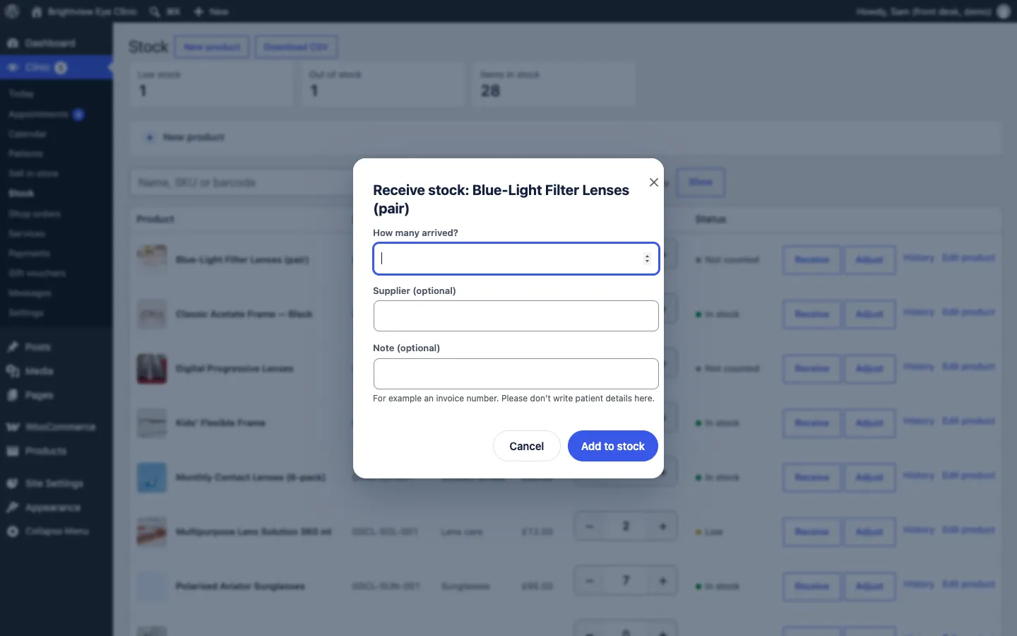 The Receive stock box for Blue-Light Filter Lenses (pair), asking How many arrived?, with Supplier (optional) and Note (optional) boxes and Cancel and Add to stock buttons