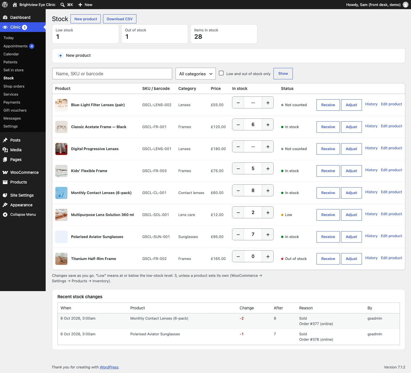 The Stock screen: counts of 1 low stock, 1 out of stock and 28 items in stock, filters, and a table of products with − and + buttons around the number in stock, a status, and Receive, Adjust, History and Edit product for each