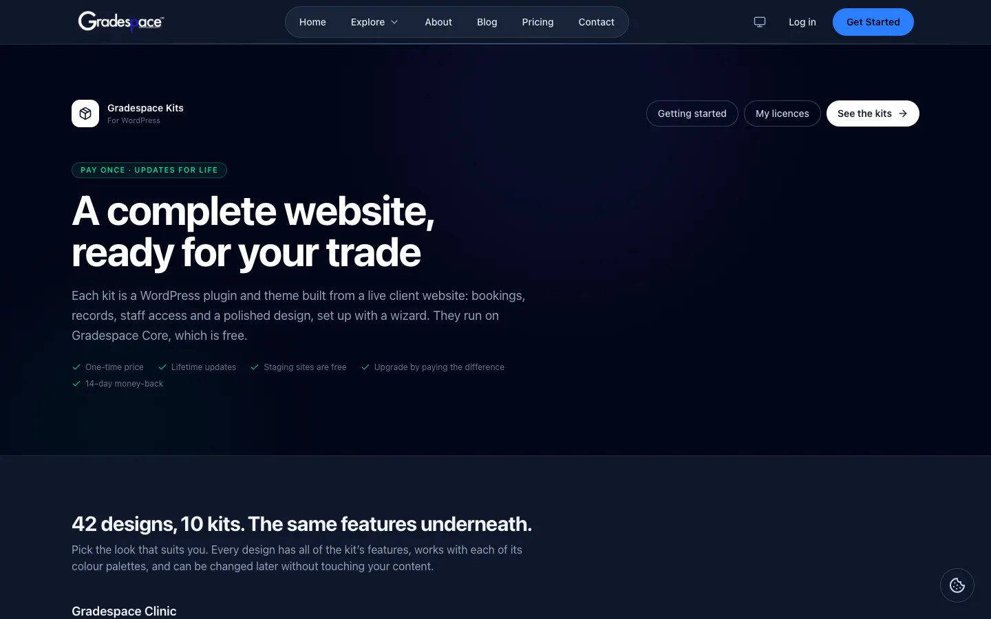 The Gradespace Kits page on thegradespace.com with the heading "A complete website, ready for your trade" and the points one-time price, lifetime updates, staging sites are free, upgrade by paying the difference and 14-day money-back