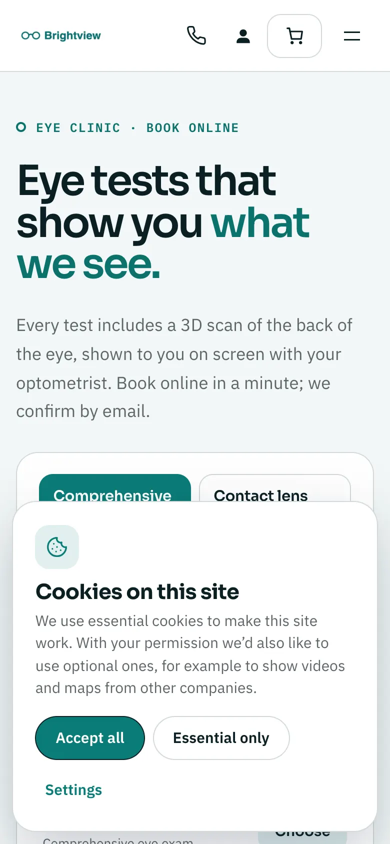 The banner on a phone, taking up the bottom of the screen, with Accept all, Essential only and Settings
