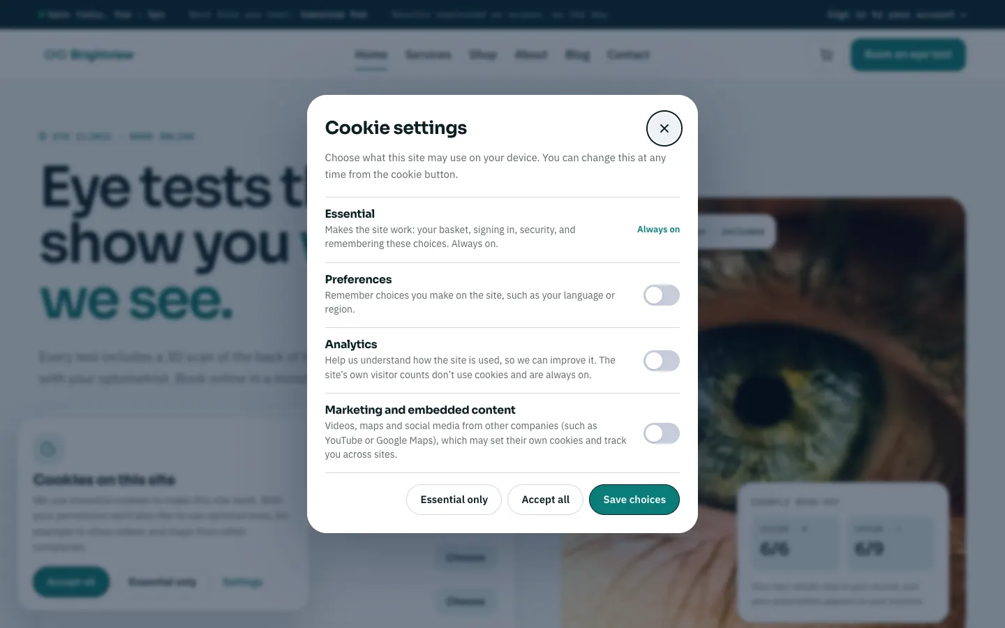 The Cookie settings box with Essential (Always on), Preferences, Analytics and Marketing and embedded content, each with an explanation and a switch, and buttons Essential only, Accept all and Save choices