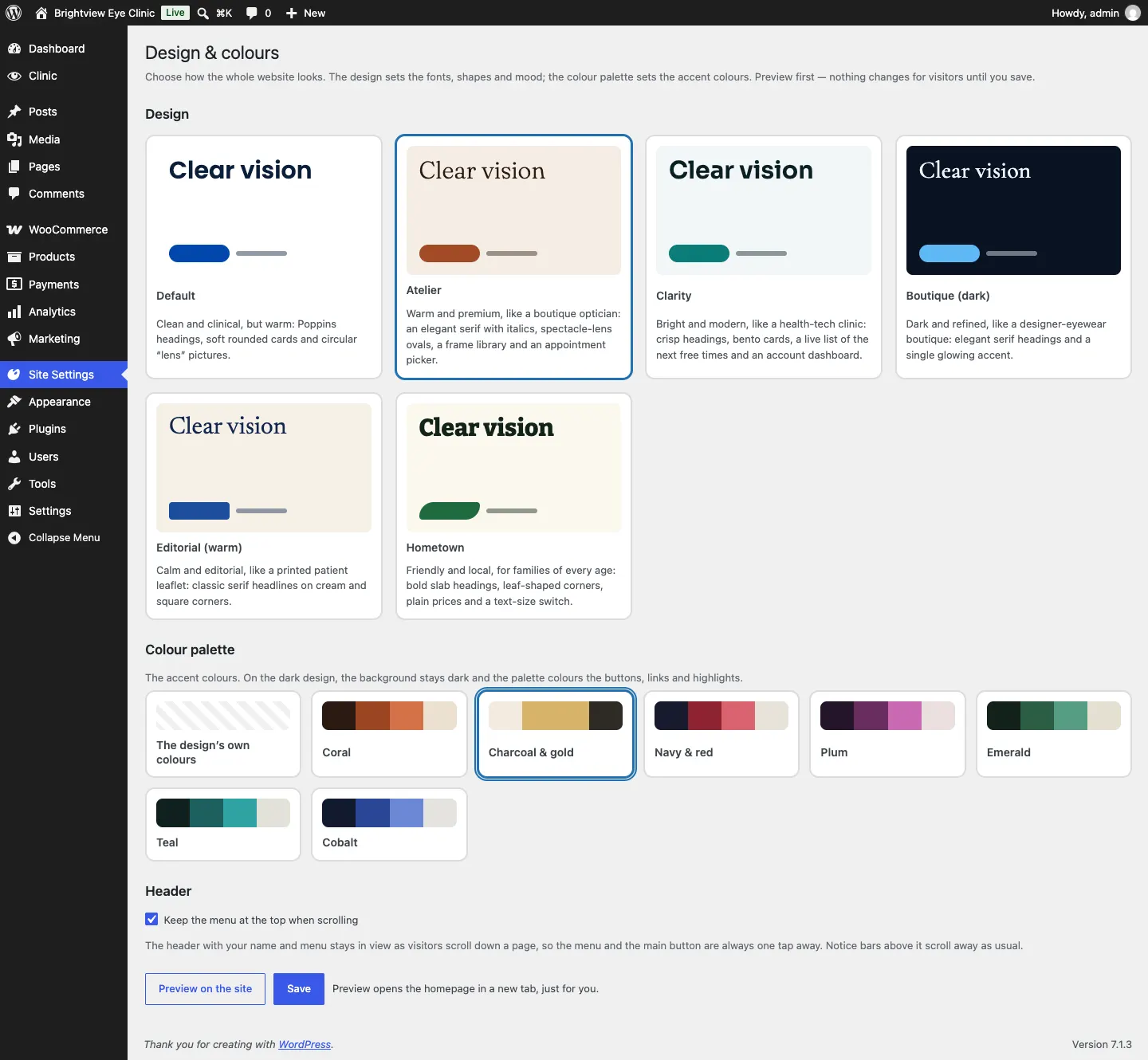 Another design selected, with its own colour palettes shown underneath and one of them selected
