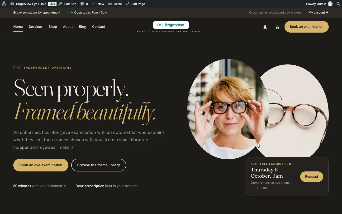 The home page previewed in a new tab with the design and palette just picked, before saving