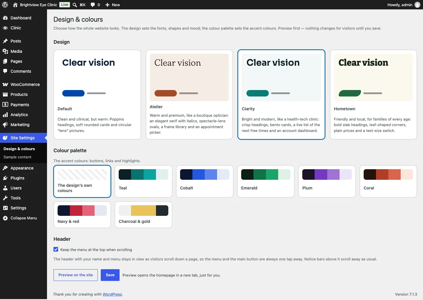 The Design & colours screen with a card for each of the Events designs, the current one selected, a row of colour palettes starting with The design's own colours, the Header section with "Keep the menu at the top when scrolling" ticked, and Preview on the site and Save buttons