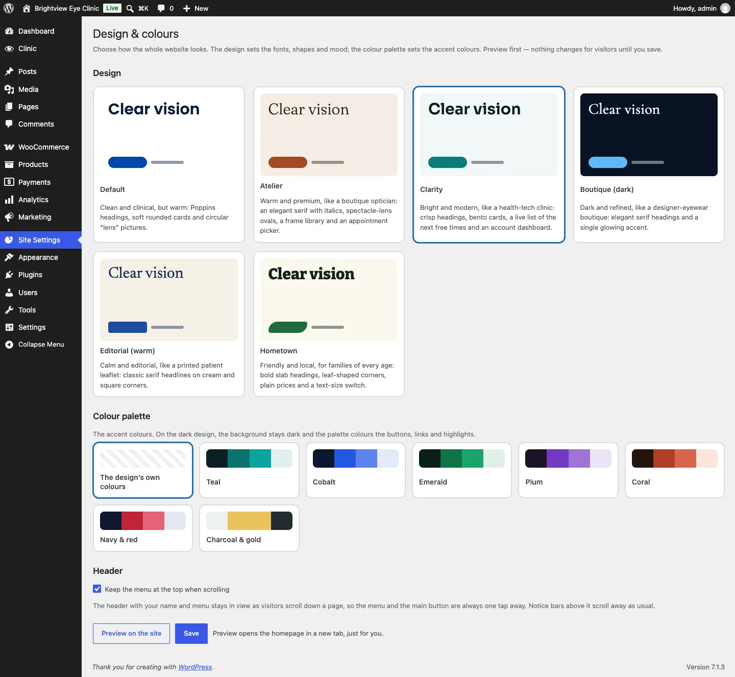 The Design & colours screen with a card for each of the your kit designs, the current one selected, a row of colour palettes starting with The design's own colours, the Header section with "Keep the menu at the top when scrolling" ticked, and Preview on the site and Save buttons