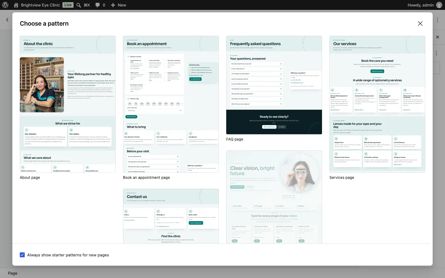 The Choose a pattern box (Clinic, Church and Music) with the kit's ready-made page layouts, such as an About page, a Contact page and the Home page, and a ticked box "Always show starter patterns for new pages"
