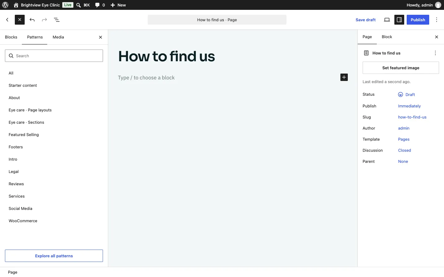 The Patterns tab listing All, Starter content, the Events kit's own categories ending in Page layouts and Sections, Footers and Legal, with an Explore all patterns button