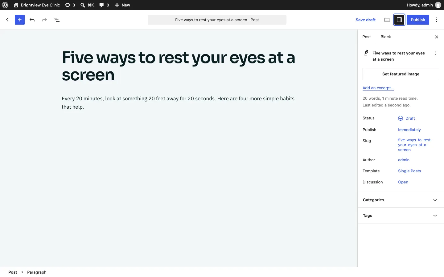 A new post titled "Five ways to rest your eyes at a screen" with a first paragraph underneath