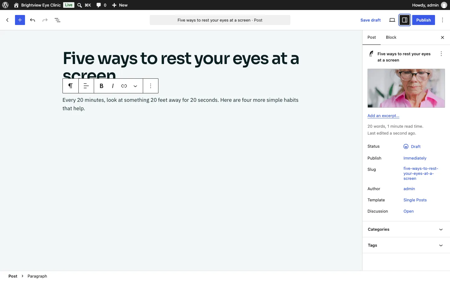 A new post with its title and first paragraph, and on the right the Post settings panel with one of the sample photos as the featured image, Add an excerpt, Status Draft, Publish Immediately, and the Categories and Tags sections