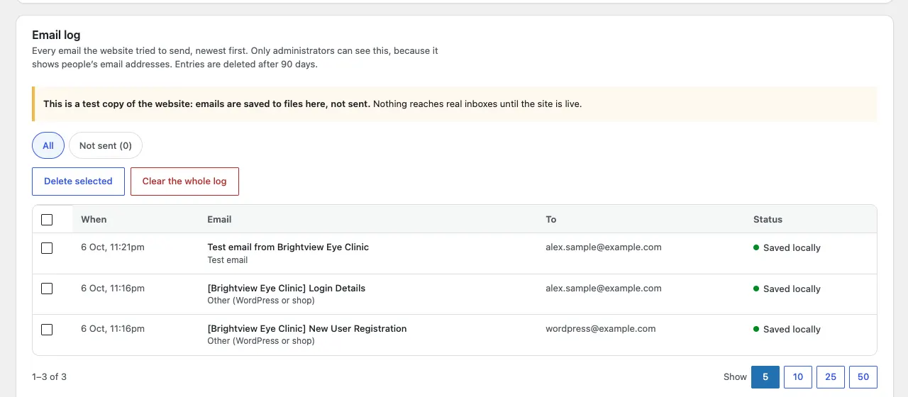 The Email log with All and Not sent (0) filters, Delete selected and Clear the whole log buttons, and a table of three emails: the test email to alex.sample@example.com and two account emails, each with the status Saved locally