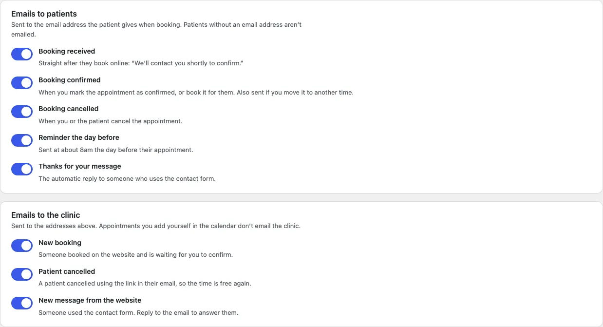 The cards listing the your kit kit's emails, each with a switch and a line saying who gets it and when, all switched on