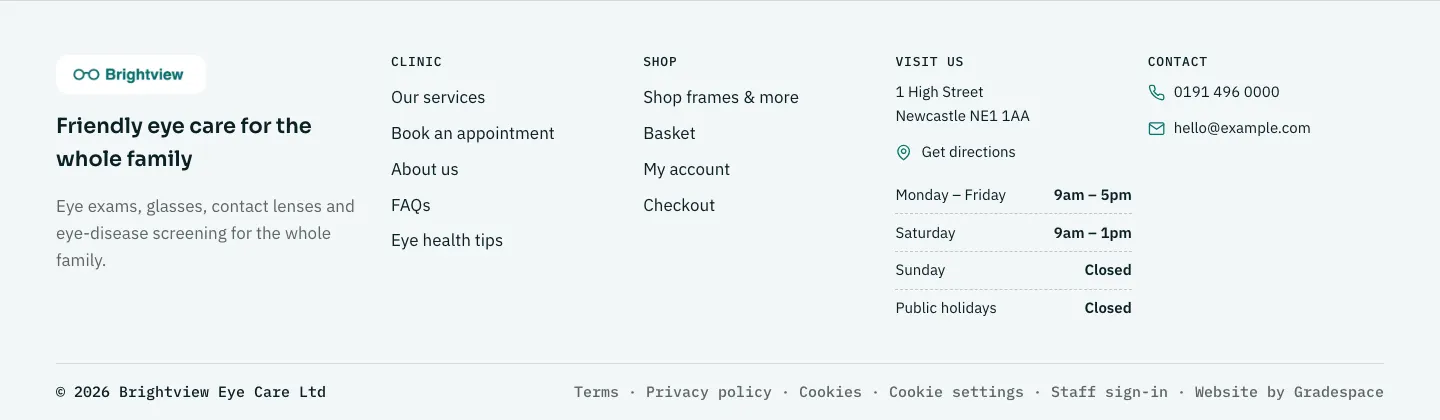 The footer of the sample Events website: the tagline and contact details, columns of links, and a bottom line with the © year and name and links to the legal pages and Cookie settings