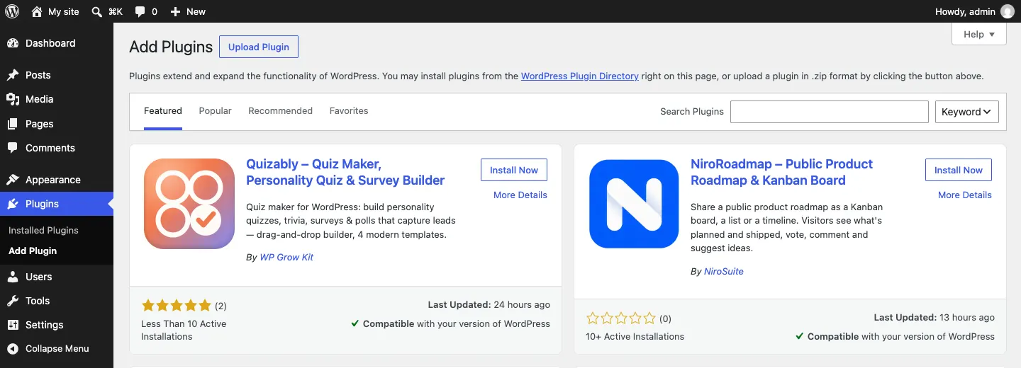 The Add Plugins screen with the Upload Plugin button at the top, next to the heading