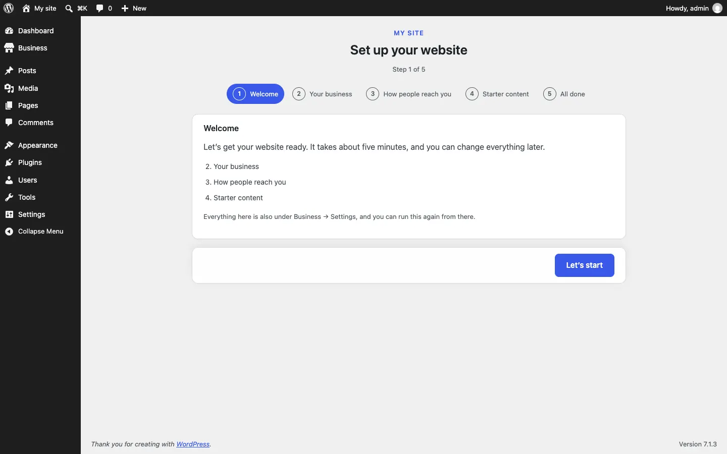 The setup wizard opening after Core is activated, titled "Set up your website" with five numbered steps: Welcome, Your business, How people reach you, Starter content and All done