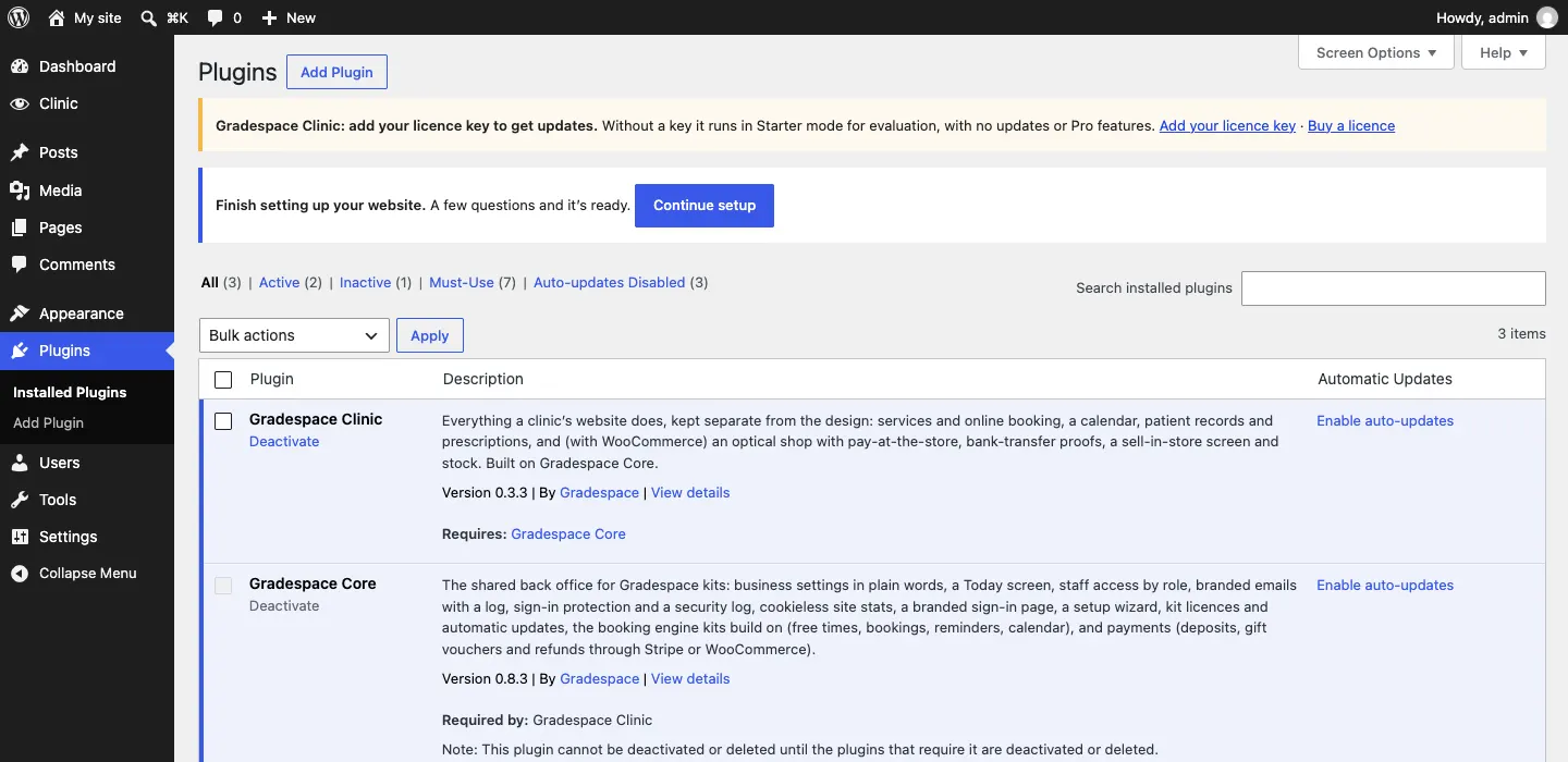 The Installed Plugins list showing Gradespace Events, "Requires: Gradespace Core", and Gradespace Core, "Required by: Gradespace Events", both active