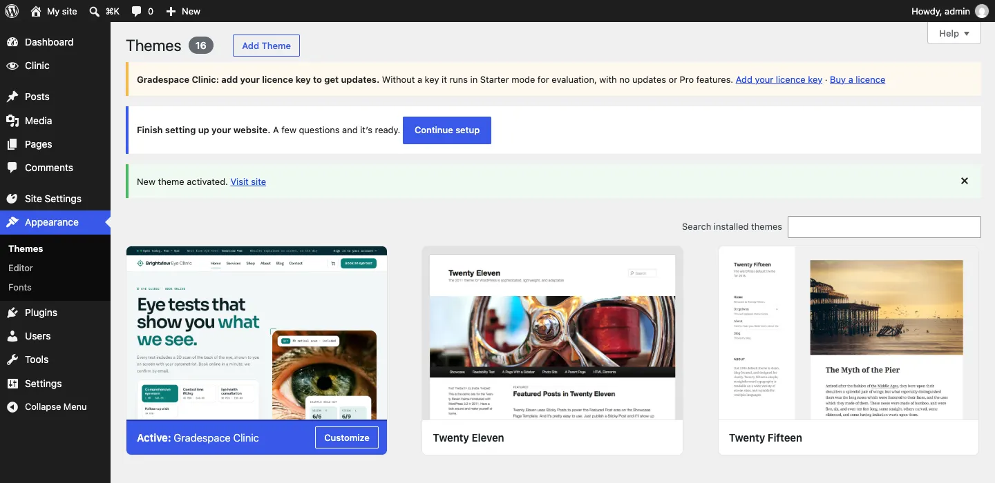 The Themes screen with "Active: Gradespace Events", a notice "New theme activated", the blue "Finish setting up your website" notice with a Continue setup button, and the Site Settings menu on the left