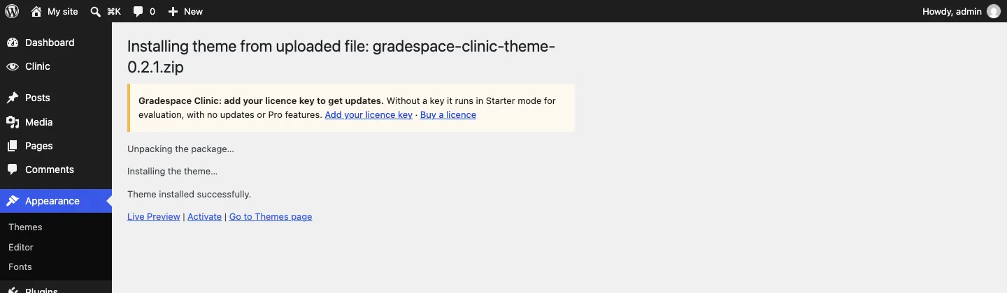 The message "Installing theme from uploaded file: gradespace-<kit>-theme-….zip ... Theme installed successfully." with Live Preview, Activate and Go to Themes page links