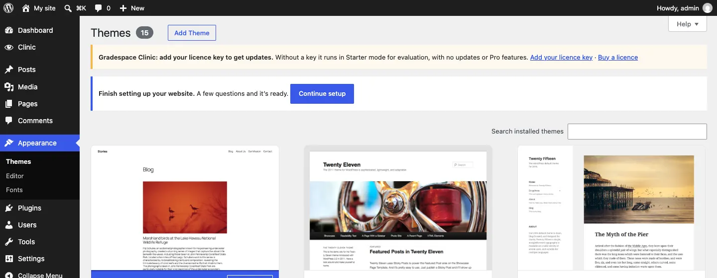 The Themes screen with the Add Theme button next to the heading