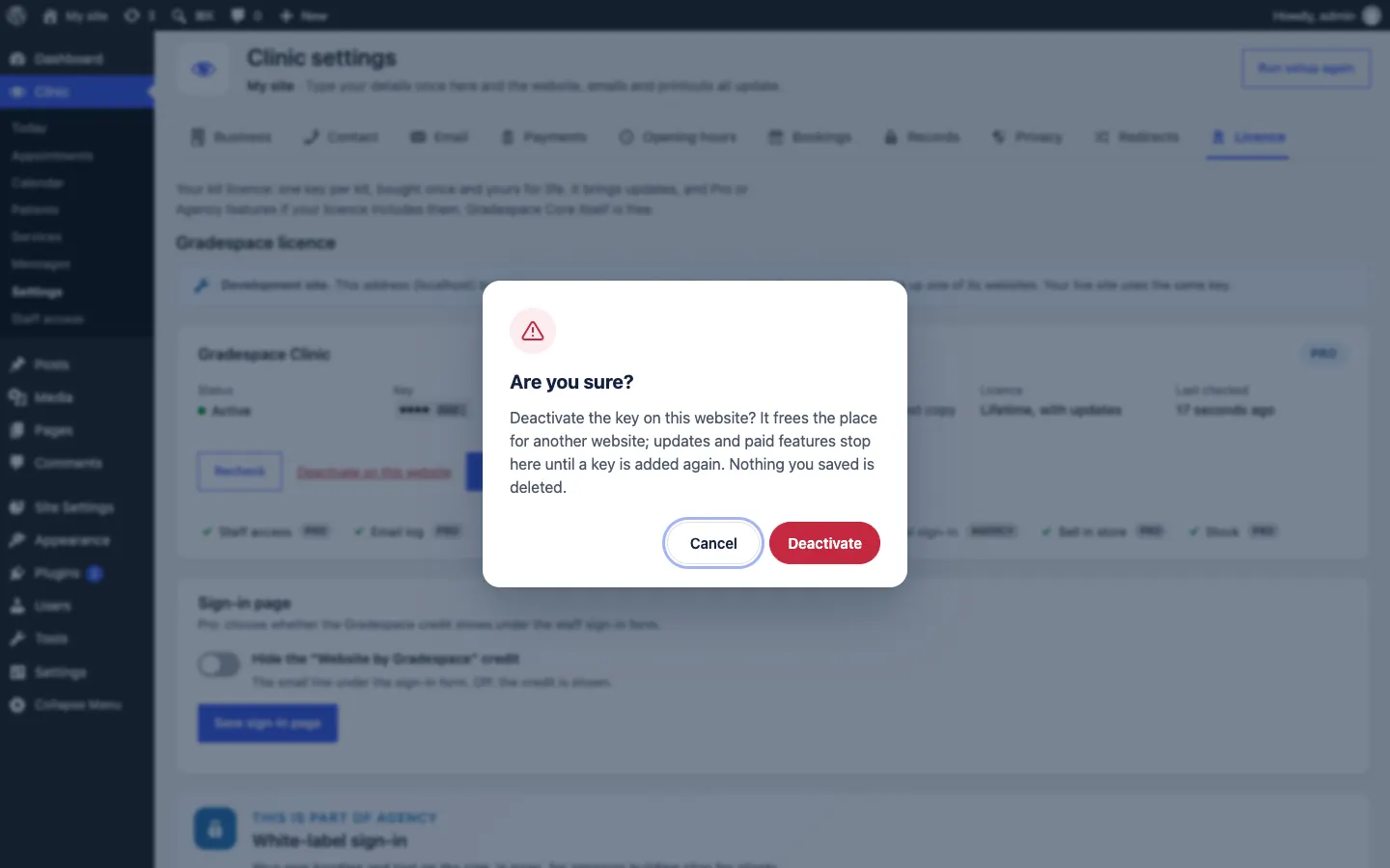 The confirmation box that appears after clicking Deactivate on this website: "Are you sure? Deactivate the key on this website? It frees the place for another website; updates and paid features stop here until a key is added again. Nothing you saved is deleted." with Cancel and Deactivate buttons