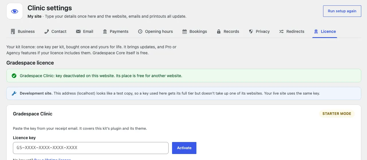 The green message "Gradespace Events: key deactivated on this website. Its place is free for another website." above the licence card, now back in Starter mode