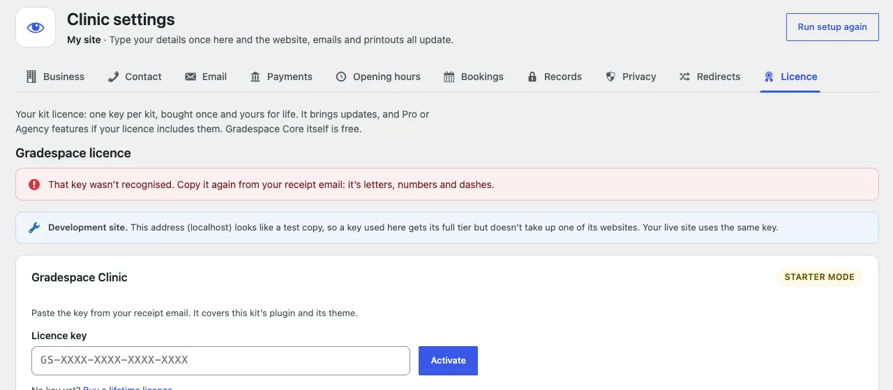 The Licence tab with a red message: "That key wasn't recognised. Copy it again from your receipt email: it's letters, numbers and dashes."