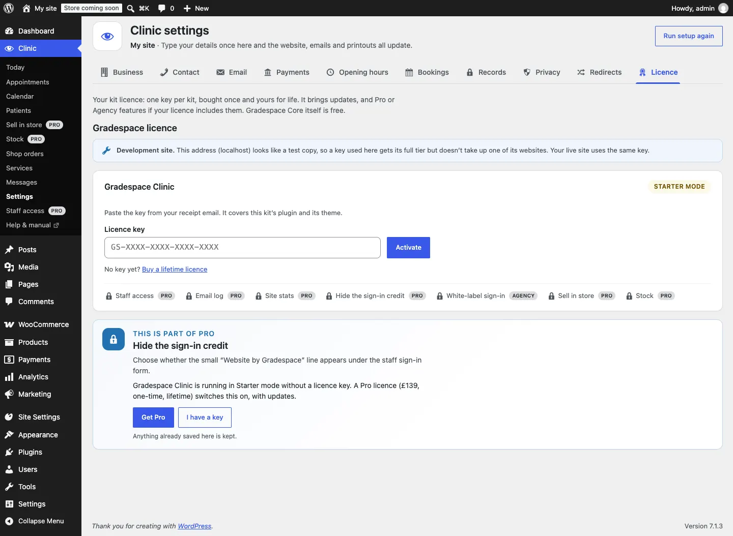 The Licence tab with the Gradespace Events card in Starter mode: an empty Licence key box showing GS-XXXX-XXXX-XXXX-XXXX, an Activate button, the link "No key yet? Buy a lifetime licence", and a row of locked features marked Pro or Agency